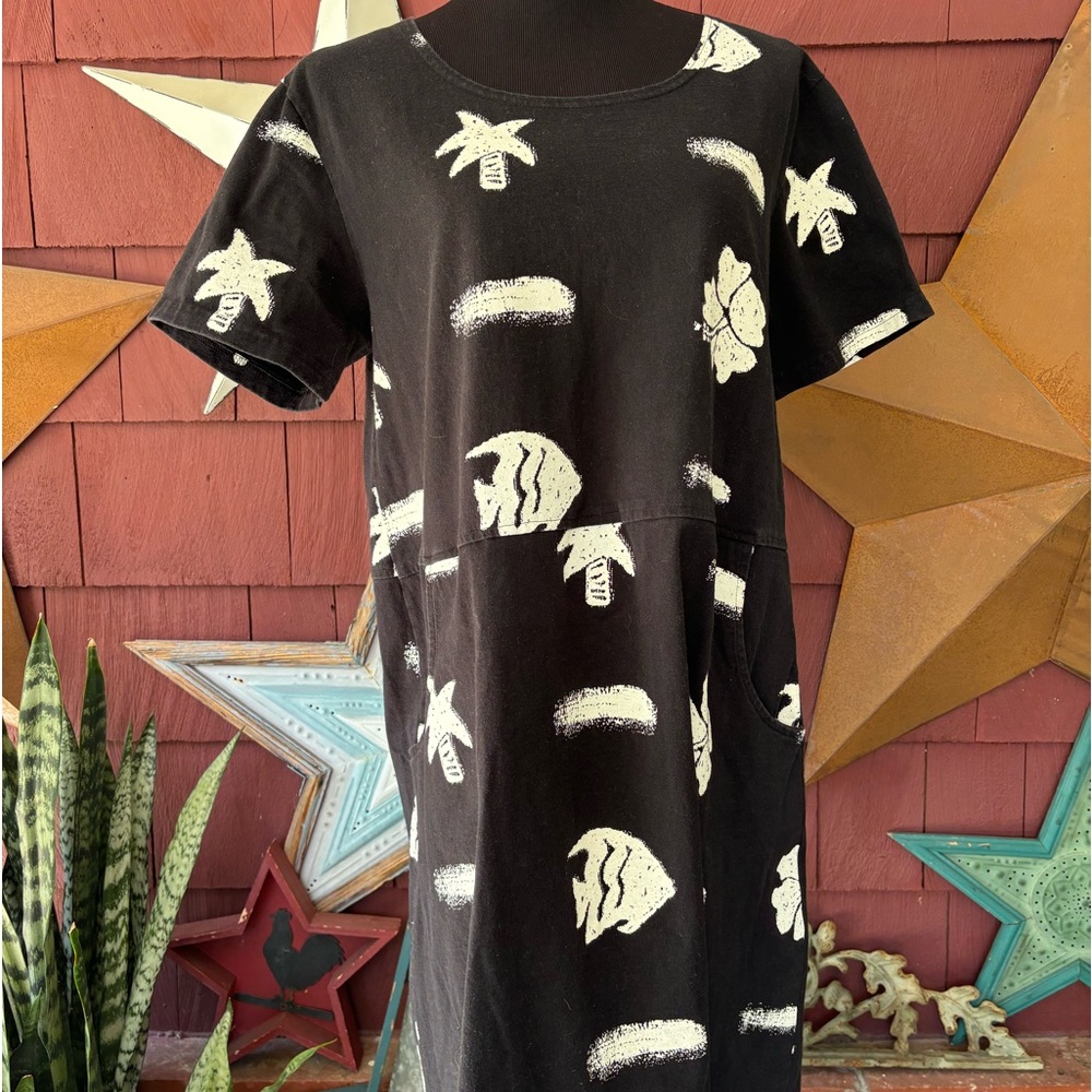 Vintage 80s Red Ginger Shift Dress Black White Cotton Pockets Beach USA Size L